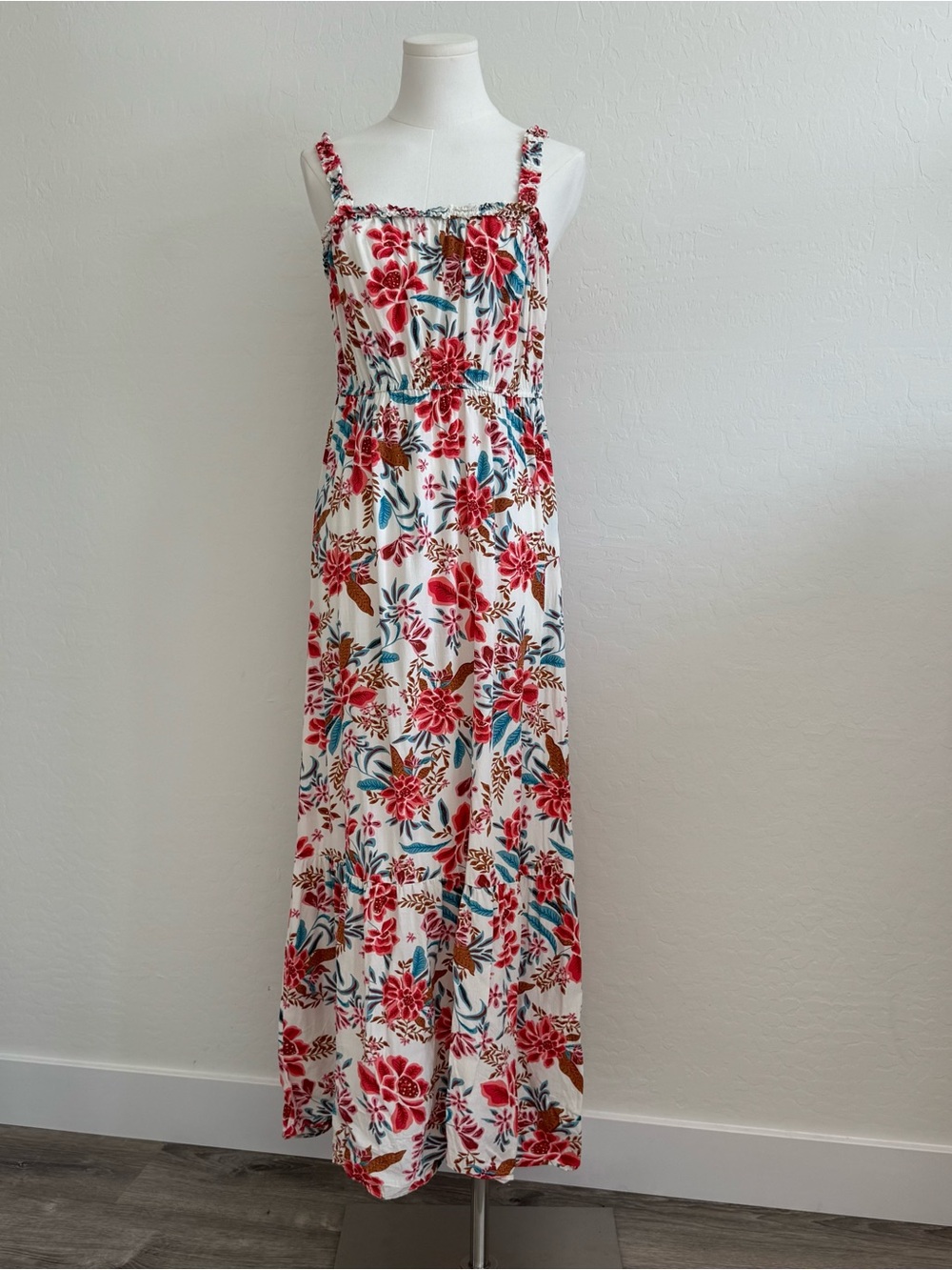 Pink Rose FloralMaxi Sundress with Red & Teal Print